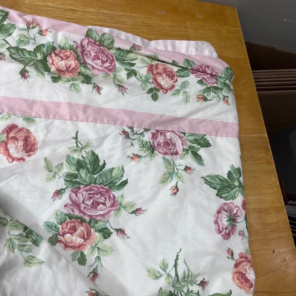 Vtg Laura Ashley Twin Duvet Cover Pink Cabbage Rose Floral Ticking Stripe Rev